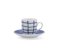 Quid Kansas - Set di 6 tazze e piatti in porcellana, 90 ml, motivo a griglia blu e bianco, impilabili, adatto per microonde e lavastoviglie