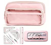 QuidToyzian Astuccio Scuola Grande Capacità con Set Geometrico 8 Pezzi, Astuccio Tessuto Multicompartimento, Compasso e Squadre Precise per Scuola Media e Primaria, Regalo per Bambine (Rosa)