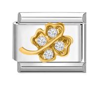 Quiges - 9 mm Italian Style Charm Modulo in acciaio inox con quadrifoglio d'oro per braccialetti italiani