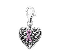 Quiges Donna Charm Ciondolo Placcato Argento Cuore con Nastro Rosa per Bracciali e Accessori