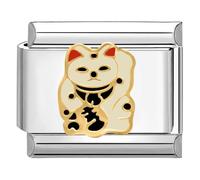 Quiges - Modulo Charm Link in stile italiano da 9 mm Giapponese - gatto fortunato in acciaio inox per bracciali in stile Italian Links