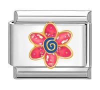 Quiges - Modulo Charm Link in stile italiano da 9 mm in acciaio inox Fiore rosa per bracciali in stile Italian Links