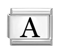 Quiges - Modulo Charm Link in stile italiano da 9 mm in acciaio inox Lettera A dell'alfabeto laser per bracciali in stile Italian Links