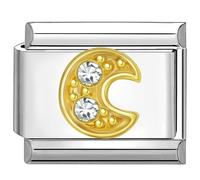 Quiges - Modulo Charm Link in stile italiano da 9 mm in acciaio inox Lettera C dell'alfabeto in oro zirconio per bracciali in stile Italian Links