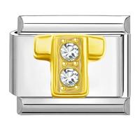Quiges - Modulo Charm Link in stile italiano da 9 mm in acciaio inox Lettera T dell'alfabeto in oro zirconio per bracciali in stile Italian Links