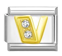 Quiges - Modulo Charm Link in stile italiano da 9 mm in acciaio inox Lettera V dell'alfabeto in oro zirconio per bracciali in stile Italian Links