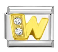 Quiges - Modulo Charm Link in stile italiano da 9 mm in acciaio inox Lettera W dell'alfabeto in oro zirconio per bracciali in stile Italian Links