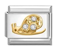 Quiges - Modulo Charm Link in stile italiano da 9 mm in acciaio inox Lumaca in zirconia d'oro per bracciali in stile Italian Links