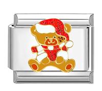 Quiges - Modulo Charm Link in stile italiano da 9 mm in acciaio inox Orso di Natale per bracciali in stile Italian Links