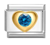 Quiges - Modulo Charm Link in stile italiano da 9 mm in acciaio inox zirconi blu Cuore d'oro per bracciali in stile Italian Links