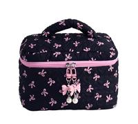 Quilted Makeup Bag, Aesthetic Cute Bow Pouch, Cosmetic Holder Case, Reusable Makeup Storage Organizer, Large Capacity for Bathroom and Travel, 8.86x5.91x5.91 inches