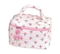 Quilted Makeup Bag, Aesthetic Cute Bow Pouch, Cosmetic Holder Case, Reusable Makeup Storage Organizer, Large Capacity for Bathroom and Travel, 8.86x5.91x5.91 inches