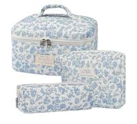 Quilted Makeup Bag Set- 3X Floral Cosmetic Pouches for Travel Organization, Soft Lightweight Design with Zipper Closure, Perfect for Toiletries Cosmetics Business Trips Vacations and Daily Use