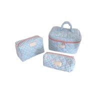 Quilted Makeup Bag Set with Bow Print Design for Women, Large Capacity Travel Toiletry Organizer With Zipper (3pcs-C)