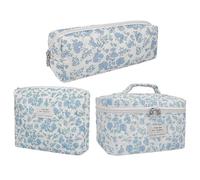 Quilted Toiletry Set, Makeup Pouch Set, Travel Skincare Pouch, Blue Floral Print, Cosmetic Bag Set, Cotton Makeup Bag, Cute Blue Floral Makeup Pouch Set For Women Including Brushes And Shampoo