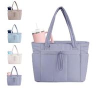 Quilted Tote Bag with Cup Holder & Laptop Compartment, Large Capacity Cute Puffer Crossbody Travel Work Bags for Women (Purple)