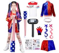 Quin Costume Bambina Suicide Costume Outfit Kit con T-Shirt Giacca Pantaloncini e Guanti Costumi, Joker Costum per Ragazze Halloween Carnevale Costumi Cosplay