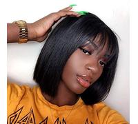 Quinlux Wigs Parrucca frontale in pizzo 13 x 4, densità 150%, frangia ad aria, colore naturale, parrucca a caschetto brasiliana 100% capelli umani per donne (parrucca frontale in pizzo, densità 150%)