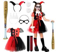 Quinn Costume da Bambini, Carnevale Costume Cosplay fur Kinder, Calze Bastone Gonfiabile Fascia per Capelli Vestito Cosplay Costumi per Halloween Carnevale Feste (Rosso Nero, S)
