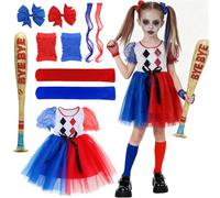 Quinn Costume da Bambini, Carnevale Costume Cosplay fur Kinder, Forcina per Capelli a Fiocco Parrucca Bastone Gonfiabile Guanti Vestito Cosplay Costumi per Halloween Carnevale Feste (Rosso Blu, M)