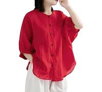 QUINTRA 2023 Camicia di lino di cotone da donna manica retrò arte top di grandi dimensioni camicia manica allentata elegante signore grandi taglie, Colore: rosso, XXXL