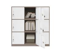 QUIOTUIR Cassettiera da scrivania mobile a 3 livelli con 9 ante e chiavi bloccabili, mobile portaoggetti da ufficio, per stanze da letto, soggiorno, asilo, 90 x 42 x 100 cm (bianco + caffè)