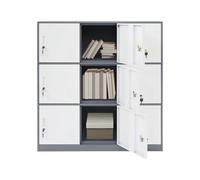 QUIOTUIR Cassettiera da scrivania mobile a 3 livelli con 9 ante e chiavi bloccabili, mobile portaoggetti da ufficio, per stanze da letto, soggiorno, asilo, 90 x 42 x 100 cm (bianco + grigio)