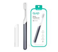 Quip Spazzolino da denti sonico per adulti, con coperchio, testina sostituibile, setole morbide, manico in metallo, durata della batteria di 3 mesi, spazzolino da viaggio in ardesia