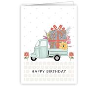 Quire - Mini biglietto a tre ruote con regalo e fiori