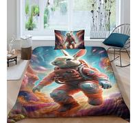QUIRJIA Astronauts Rabbit Cover Set 3 PCS Hotel Quality Quilt Cover Bed Sets Bed Covers with Pillowcases with Zipper Closure Breathable Stylish Comforter Cute Animals Single（135x200cm）
