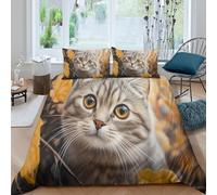 QUIRJIA Cute Cat 3D Three-dimensional Digital Print Duvet Cover Bedding, 2 Pieces, Anime Animals Quilt Cover Piece Matching Pillowcase with Zipper Closure Soft Microfiber King（220x240cm）