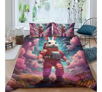 QUIRJIA Duvet Cover Set Astronauts Rabbit Soft Microfiber Bedding Set Cute Animals for Adults Teenager Kids 3Pcs with Zipper Closure for Home King（220x240cm）