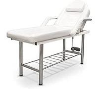 QUIRUMED Barella fissa a 2 sezioni, in acciaio cromato, con foro facciale, braccioli rimovibili, colore bianco, similpelle, schienale ribaltabile, vassoio inferiore