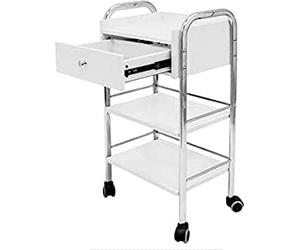 QUIRUMED Carrello con Cassetto e Due Ripiani in Legno, con Ruote, Struttura in Acciaio, Design Compatto, Leggero, Mobili Ausiliari, per Parrucchieri, Colore Bianco
