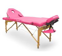 QUIRUMED Lettino pieghevole in legno Pro, 194 x 70 cm, con schienale ribaltabile, colore rosa, ecopelle, foro viso, testa rimovibile, altezza regolabile, fino a 150 kg