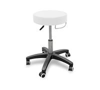 QUIRUMED Sgabello con base girevole e porta asciugamani, colore bianco, similpelle, imbottitura ad alta densità, leggero, con ruote, altezza regolabile, fino a 150 kg
