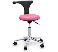 QUIRUMED Sgabello con Schienale Ergonomico Professionale, Colore Rosa, Struttura in Acciaio Inox, Similpelle, Base con Ruote, Sedile Regolabile in Altezza, fino a 120 kg