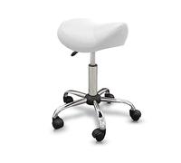 QUIRUMED Sgabello tipo Pony, ergonomico, con base in acciaio, colore bianco, rivestimento in similpelle, altezza regolabile, seduta imbottita, ruote piroettanti, fino a 150 kg