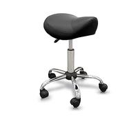QUIRUMED Sgabello tipo Pony, ergonomico, con base in acciaio, colore nero, rivestimento in similpelle, altezza regolabile, sedile imbottito, ruote piroettanti, fino a 150 kg
