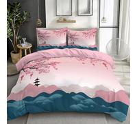 Quixora Copripiumino 1 Piazza 150 x 220 cm Rosa Set Parure Copripiumino Singola Stampa Digitale Cartoon Onde Fiori Di Ciliegio Tempio Microfibra 3 Pezzi con 2 Federa 50x80 cm