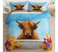 Quixora Set Copripiumino Matrimoniale 220 x 240 cm, 3 Pezzi in Microfibra con Motivo Highland Cattle Floreale Acquerello, 1 Copripiumino + 2 Federe 50x80 cm