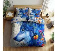 Quixora Set Copripiumino Matrimoniale 220 x 240 cm, 3 Pezzi in Microfibra con Motivo Lupo blu e floreale, 1 Copripiumino + 2 Federe 50x80 cm Arte fantasy