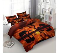 Quixora Set Copripiumino Matrimoniale 220 x 240 cm, 3 Pezzi in Microfibra con Motivo Savana Elefante Tramonto Africa, 1 Copripiumino + 2 Federe 50x80 cm