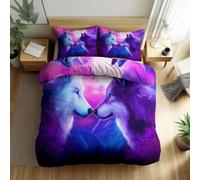 Quixora Set Copripiumino Matrimoniale 270 x 240 cm, 3 Pezzi in Microfibra con Motivo Occhi azzurri viola lupo, 1 Copripiumino + 2 Federe 50x80 cm Paesaggio forestale