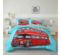 Quixora Set Copripiumino Reversibile Letto Matrimoniale, Biancheria da Letto con Motivo Cartoon Divertente Londra Autobus Rosso a Doppio Piano 180 x 220 cm e 2 Federa 50x80 cm, Moderno in Microfibra