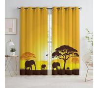 Quixora Tende Giallo con Occhielli, Morbide, Termoisolanti e Oscuranti, Africa Savana Tramonto Elefante per Camera da Letto o Soggiorno, 2 Pannelli 117L x 229A cm