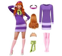 QUJQOM Costume da Daphne per Halloween, da donna, a maniche lunghe, viola, per cosplay, con sciarpa, parrucca, fascia, calzini, accessori QM007-XS