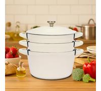 QuliMetal Set di 5 pentole in ghisa smaltata, impilabili da 25,4 cm, forno olandese, padella, bistecchiera, con 2 coperchi universali, forno olandese smaltato versatile, distanziatori inclusi, bianco
