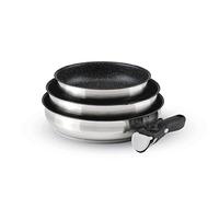 Qulinart - Batteria da cucina a induzione 4 pezzi - Set di 3 padelle antiaderenti 20, 24 e 26 cm con manico rimovibile - Acciaio inossidabile - Tutto il fuoco - Senza PFOA - Argento/Nero