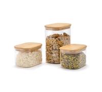 QULINART Set di 3 bicchieri in vetro borosilicato da 1 l + 1 l + 2 l con coperchio in bambù ermetico, riutilizzabili per cucina, conservare alimenti (pasta, cereali, grani) - trasparente/legno